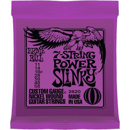 P02620 Комплект струн для 7-струнной электрогитары Nickel Wound Power Slinky, 11-58, Ernie Ball