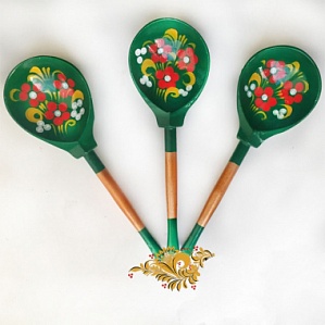 LHL7201 Ложка деревянная столовая, роспись "Зеленушка", Хохлома
