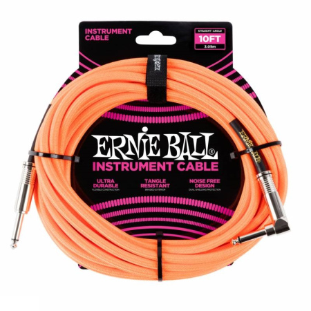 P06079 кабель инструментальный, оплетёный, 3,05 м, прямой/угловой джеки, оранжевый неон. ERNIE BALL