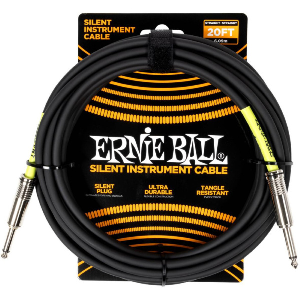 P06473 кабель инструментальный, Silent, 6,1м, прямые джеки, черный. Ernie Ball