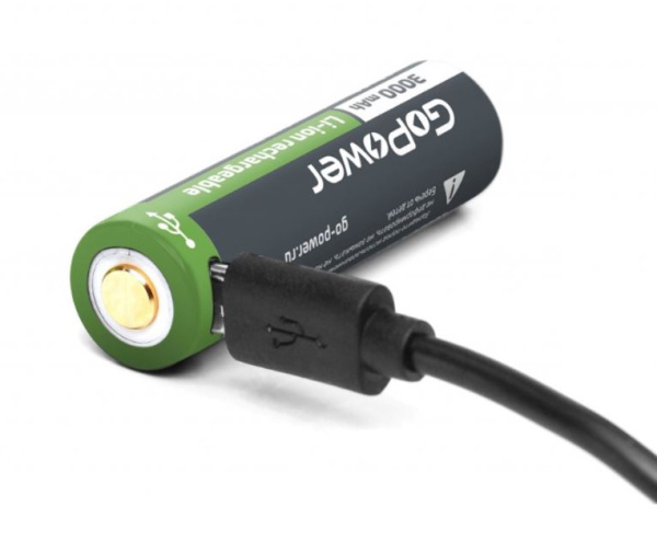 00-00019621 Аккумулятор бытовой 18650 Li-ion, 3.7В, 3000мАч, USB, с защитой, GoPower