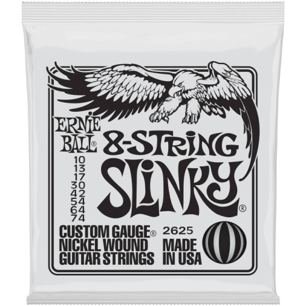 P02625 Slinky Комплект струн для 8-струнной электрогитары, никель, 10-74, Ernie Ball