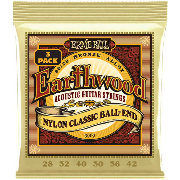 P03069 Набор из 3х комплектов струн для классической гитары Earthwood 80/20 Folk Nylon,  Ernie Ball