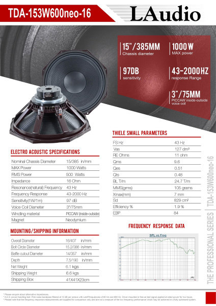 TDA-153W600neo-16 Динамик 15", 500Вт, 16 Ом, LAudio