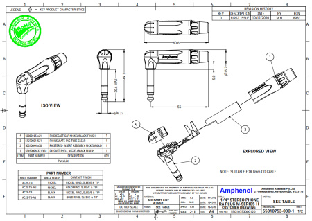ACPS-TN джек стерео, угловой, кабельный, 6.3 мм, корпус металл, цвет - никель, Amphenol