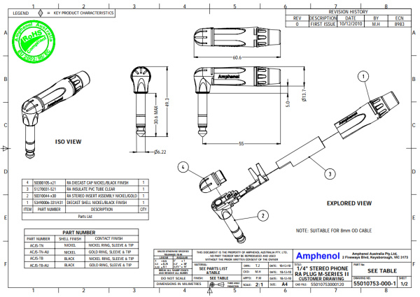 ACPS-TN джек стерео, угловой, кабельный, 6.3 мм, корпус металл, цвет - никель, Amphenol