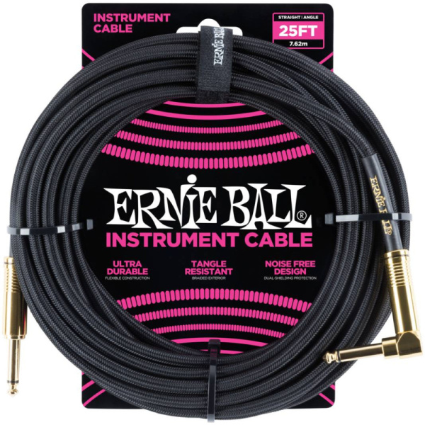 P06058 Инструментальный кабель, 7,62 м, прямой-угловой, черный. Ernie Ball