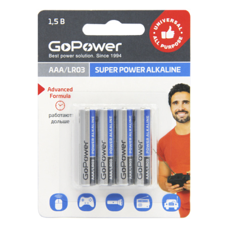 00-00015602 Super Power Alkaline Элемент питания AAA/LR03 щелочной 1.5В, 1 шт, GoPower