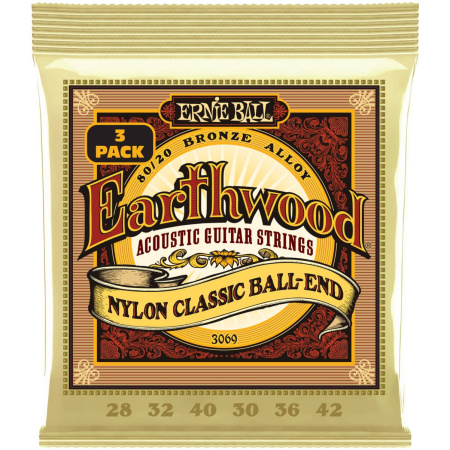 P03069 Струны для классической гитары Earthwood 80/20 Folk Nylon, 3 комплекта, Ernie Ball